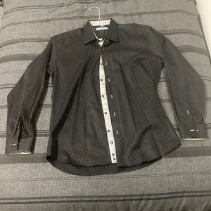 Cafe Bleu stylish black button down with white dots and faint pinstripe pattern